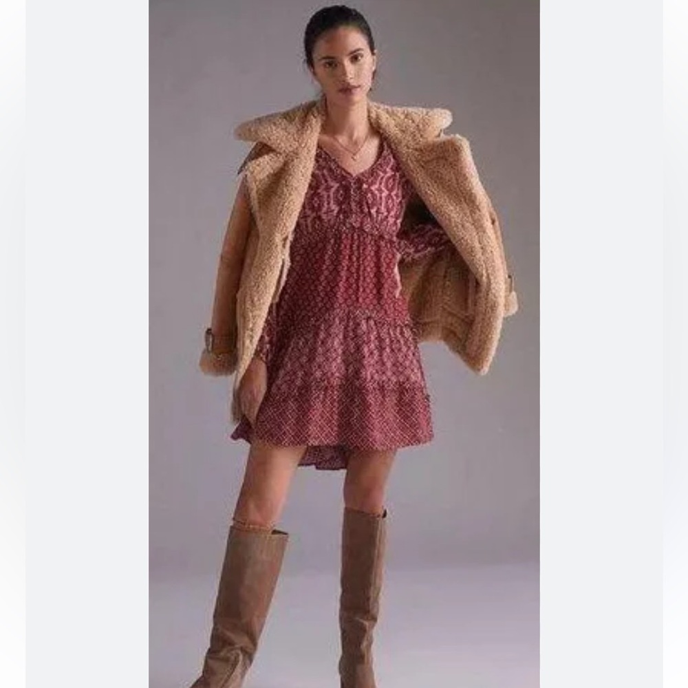 Anthropologie tiered v neck mini dress size small. Never worn and new with tags!